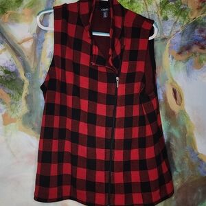 Chaps Red Black Checked Plaid Zip Vest